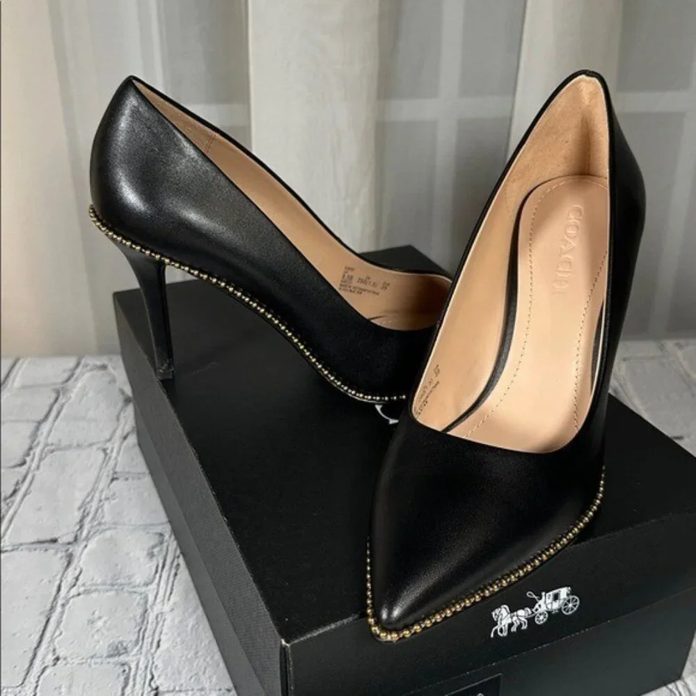 Coach Waverly Beadchain Leather Heels Black Gold Shoes - Picture 16 of 16